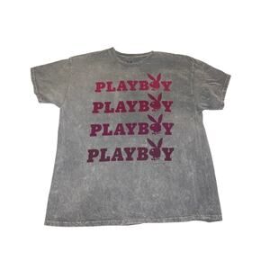 Playboy Bunny Unisex Distressed 100% Cotton T-Shirt Gray Pink Graphic Size XL